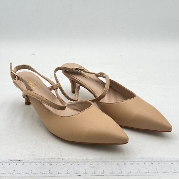 Pazzion Beige Pointed Toe Kitten Low Heels Ankle Strappy Formal Comfortable Pump - Picture 4 of 8